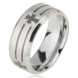 Matný oceľový prsteň - obrúčka striebornej farby, potlač pásov a kríža - Veľkosť: 57 mm