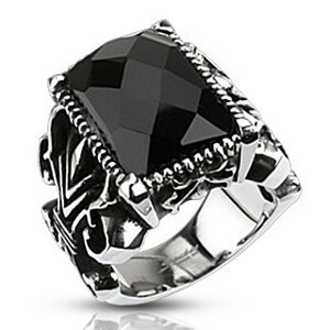 Mohutný oceľový prsteň, čierny brúsený obdĺžnik, vyrezávané ramená - Veľkosť: 64 mm