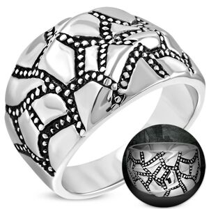 Mohutný oceľový prsteň striebornej farby, zvlnený povrch, patinované pásy - Veľkosť: 65 mm
