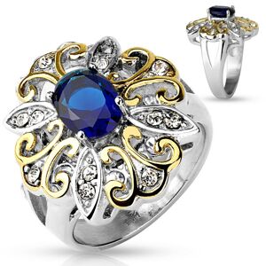 Mohutný prsteň z ocele 316L, veľký dvojfarebný kvet, tmavomodrý oválny zirkón - Veľkosť: 58 mm