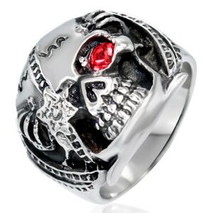 Mohutný prsteň z ocele - lebka bojovníka s červeným zirkónom, patina - Veľkosť: 60 mm