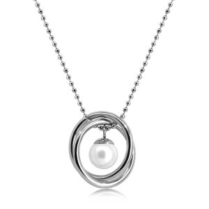 Náhrdelník z ocele v striebornej farbe - guličková retiazka, dva skrížené kruhy, perleťová gulička