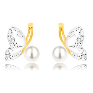 Náušnice v kombinovanom 9K zlate - motýľ s krídlami v bielom zlate, zirkóny, perla