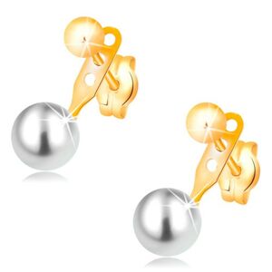 Náušnice v žltom 14K zlate, lesklá hladká guľôčka a biela perla