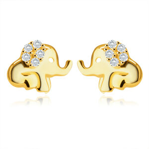 Náušnice v žltom 14K zlate - sediaci sloník s chobotom, ucho zdobené okrúhlymi zirkónmi