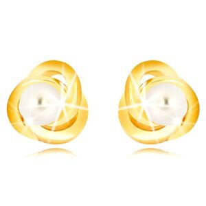 Náušnice v žltom 9K zlate - tri prepletené prstence, biela sladkovodná perla, 3 mm