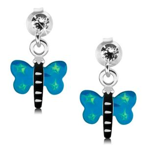 Náušnice zo striebra 925, motýľ s modrými krídlami a zelenými hviezdičkami