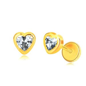 Náušnice zo žltého zlata 585 - obrys symetrického srdca, srdiečkový zirkón, puzetky so závitom