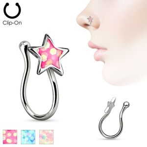 Nepravý piercing do nosa z chirurgickej ocele, hviezdička s glitrovou glazúrou - Farba: Ružová
