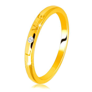 Obrúčka v žltom 585 zlate - prsteň s vygravírovaným nápisom "LOVE", okrúhly zirkón - Veľkosť: 54 mm