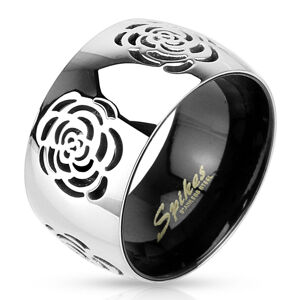Obrúčka z ocele 316L, strieborno-čierne farebné prevedenie, vygravírované ruže - Veľkosť: 53 mm