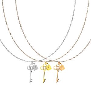 Oceľový 316L náhrdelník - visiaci zámok s kľúčom, číre zirkóny - Farba: Zlatá