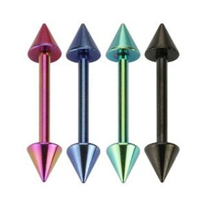 Oceľový barbell do jazyka, dva hroty, rôzne farby, úprava titánom, 16 mm - Farba piercing: Fialová
