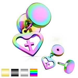 Oceľový fake plug, dva lesklé kruhy a prívesok - kontúra srdca s krížom - Farba piercing: Dúhová