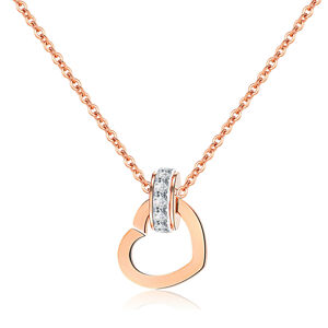 Oceľový náhrdelník medenej farby - kontúra srdca, ligotavý zirkónový prstenec