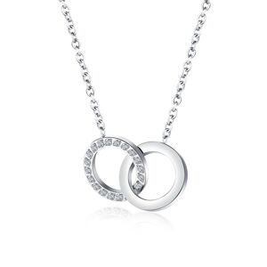Oceľový náhrdelník v striebornej farbe - spojené prstene, číre zirkóny