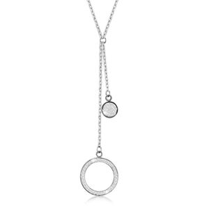 Oceľový náhrdelník - veľký obrys kruhu s kryštálikmi, plochý krúžok, prívesky v striebornej farbe