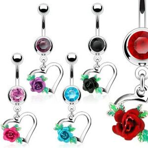 Oceľový piercing do bruška, obrys srdca, rozkvitnutá ruža s lístkami, zirkóny - Farba zirkónu: Červená - R