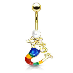 Oceľový piercing do bruška v zlatom odtieni - morská panna, syntetická perla bielej farby