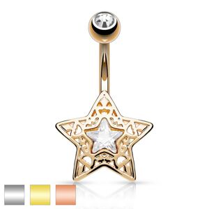 Oceľový piercing do bruška - vyrezávaná hviezdička s ligotavým zirkónom uprostred - Farba piercing: Zlatá