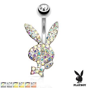 Oceľový piercing do bruška - zajačik Playboy s mašľou, kryštály, rôzne prevedenia - Farba piercing: Strieborná - dúhová