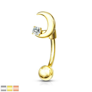 Oceľový piercing do obočia - polmesiac s drobným okrúhlym kryštálikom, vsadený do kotlíka - Farba: Zlatá