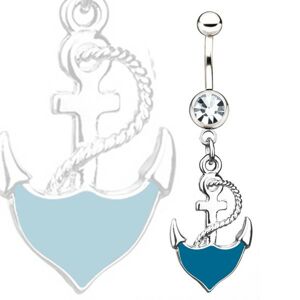 Oceľový piercing do pupka - modrá kotva s lanom, číry kamienok