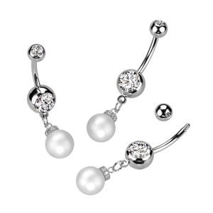 Oceľový piercing do pupka - syntetická perla, guľôčka s kryštálom