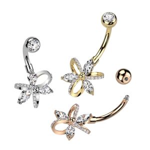 Oceľový piercing do pupku - kvet so zirkónmi okrúhleho a zrnkového tvaru - Farba piercing: Zlatá