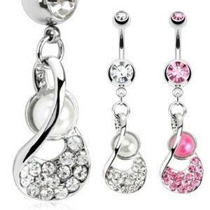 Oceľový piercing do pupku - lastúra s perlovou korálkou a zirkónmi - Farba zirkónu: Ružová - P