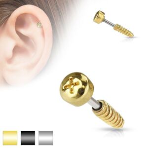 Oceľový piercing do tragusu ucha - imitácia skrutky, rôzne farby - Farba piercing: Zlatá