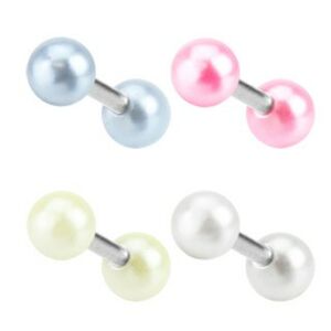 Oceľový piercing do ucha - farebné akrylové guľôčky s perleťou - Farba piercing: Svetlo Modrá