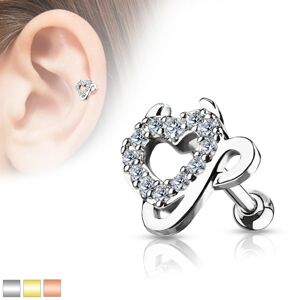 Oceľový piercing do ucha - srdce vykladané zirkónmi, čertove rožky a chvostík - Farba piercing: Zlatá