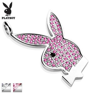 Oceľový prívesok Playboy, strieborná farba, zajačik vykladaný zirkónmi - Farba: Ružovo - Čierna