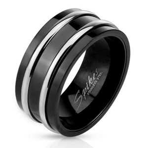Oceľový prsteň čiernej farby - dve tenké lesklé obruče striebornej farby - Veľkosť: 62 mm