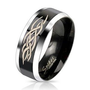Oceľový prsteň - čierny pás s ornamentom - Veľkosť: 57 mm