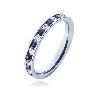 Oceľový prsteň - číre a čierne kamienky - Veľkosť: 55 mm