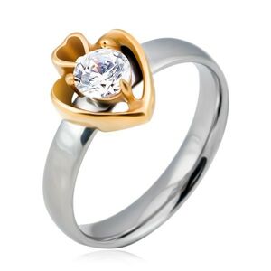 Oceľový prsteň, kruh striebornej farby a dve srdcia zlatej farby so zirkónom - Veľkosť: 55 mm