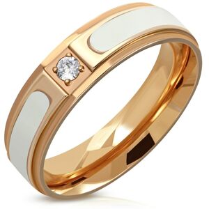 Oceľový prsteň medenej farby - biely pás, znížené hrany, číry okrúhly zirkón, 6 mm - Veľkosť: 62 mm