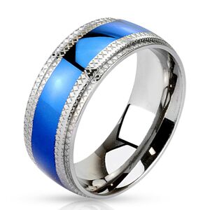 Oceľový prsteň - modrý pruh v strede, vrubkované okraje - Veľkosť: 65 mm