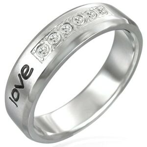 Oceľový prsteň - nápis "love", šesť zirkónov - Veľkosť: 62 mm
