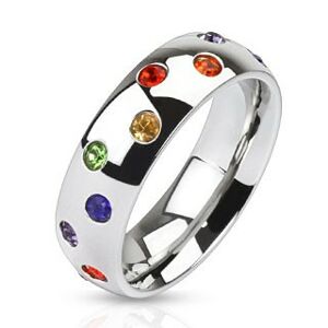 Oceľový prsteň - obrúčka striebornej farby, farebné kamienky - Veľkosť: 58 mm