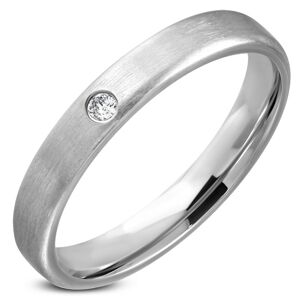 Oceľový prsteň - obrúčka striebornej farby s čírym kamienkom v strede - Veľkosť: 52 mm