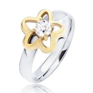 Oceľový prsteň, obrys hviezdy zlatej farby s čírym okrúhlym zirkónom - Veľkosť: 50 mm