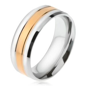 Oceľový prsteň, pásy striebornej a zlatej farby, zošikmené okraje - Veľkosť: 64 mm