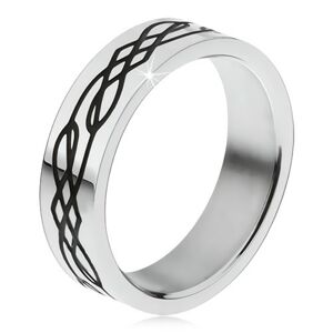 Oceľový prsteň, rovný povrch, čierna zvlnená línia a kosoštvorce - Veľkosť: 69 mm