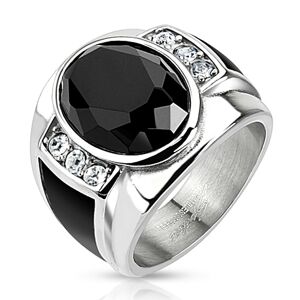 Oceľový prsteň s čiernym brúseným oválom, čírymi zirkónmi a čiernymi pásmi - Veľkosť: 65 mm