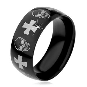 Oceľový prsteň s čiernym povrchom, lebky a kríže striebornej farby, 9 mm - Veľkosť: 64 mm