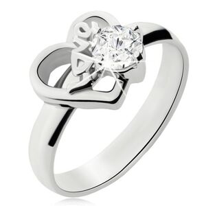 Oceľový prsteň s čírym kamienkom, obrys nesúmerného srdca, Love - Veľkosť: 55 mm