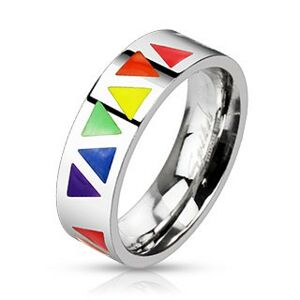 Oceľový prsteň s farebnými trojuholníkmi na podklade striebornej farby - Veľkosť: 54 mm